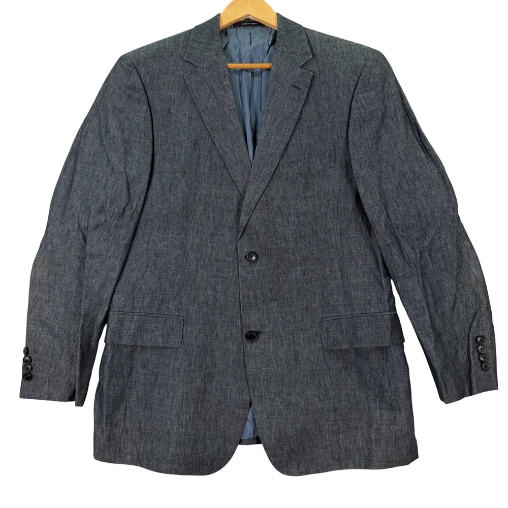 Hugo Boss Pasolini Mens 44R Slim Fit Blue Gray Linen 2 Button Blazer Sport Coat